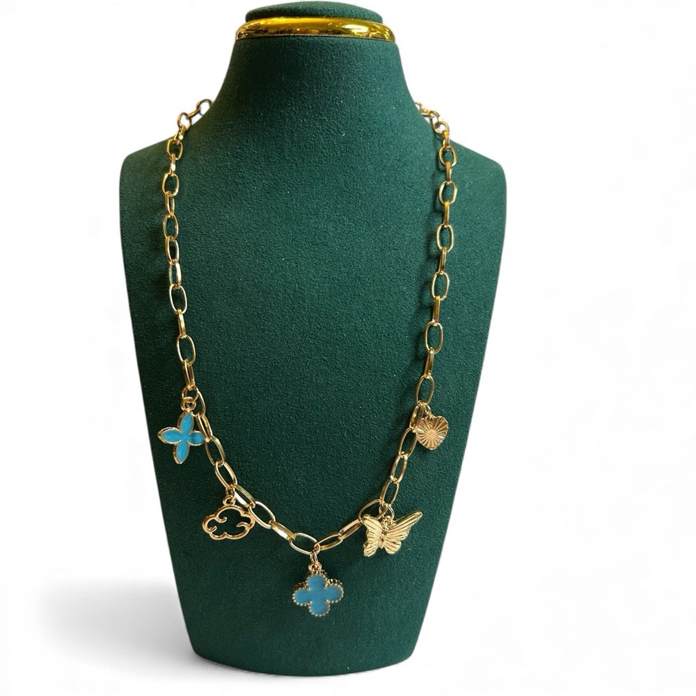 Blue Clover Charm Necklace 18K Gold Plate Butterfly Lux Designer Inspired